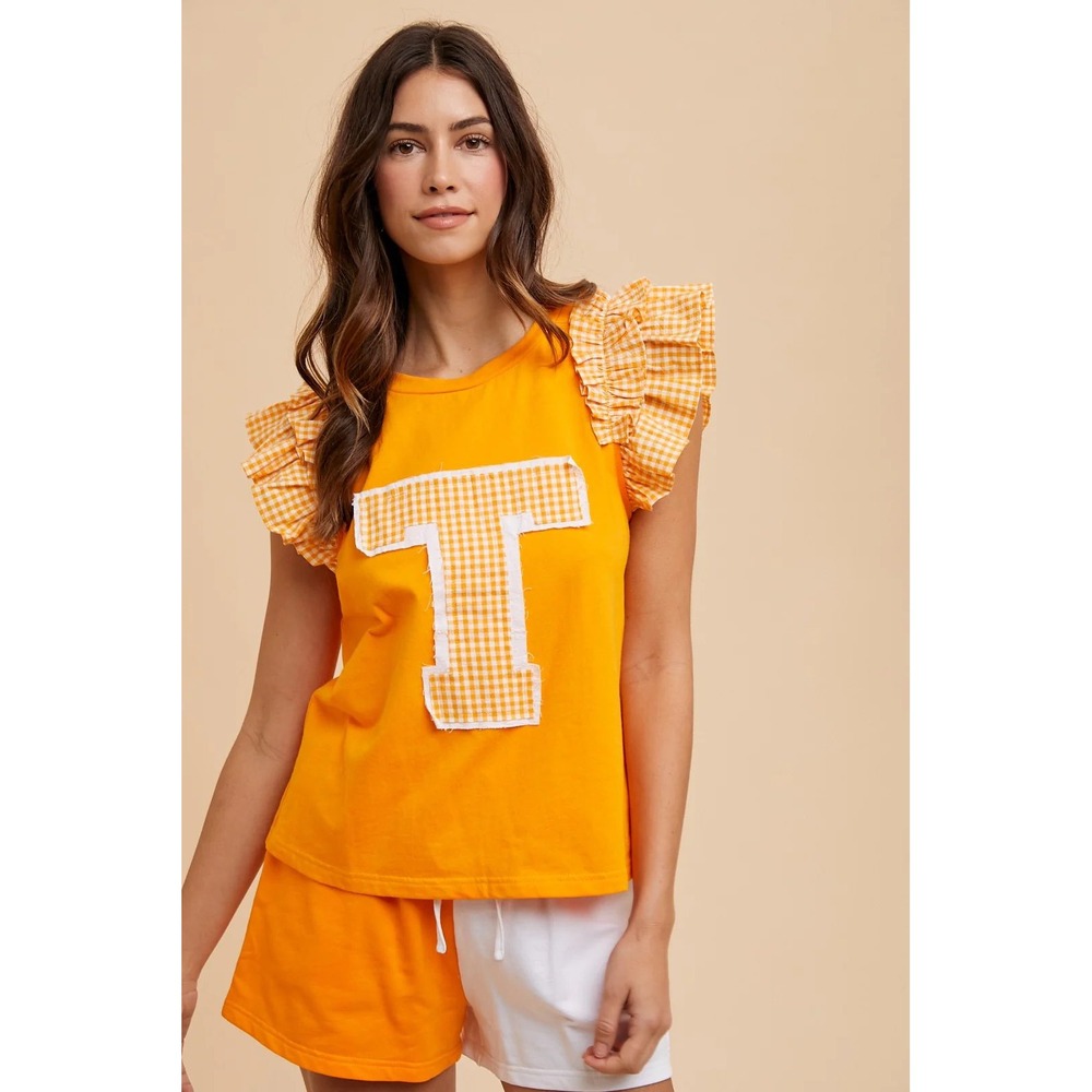 New AnnieWear Ruffle Sleeve Checkered T Tennessee Orange Tee